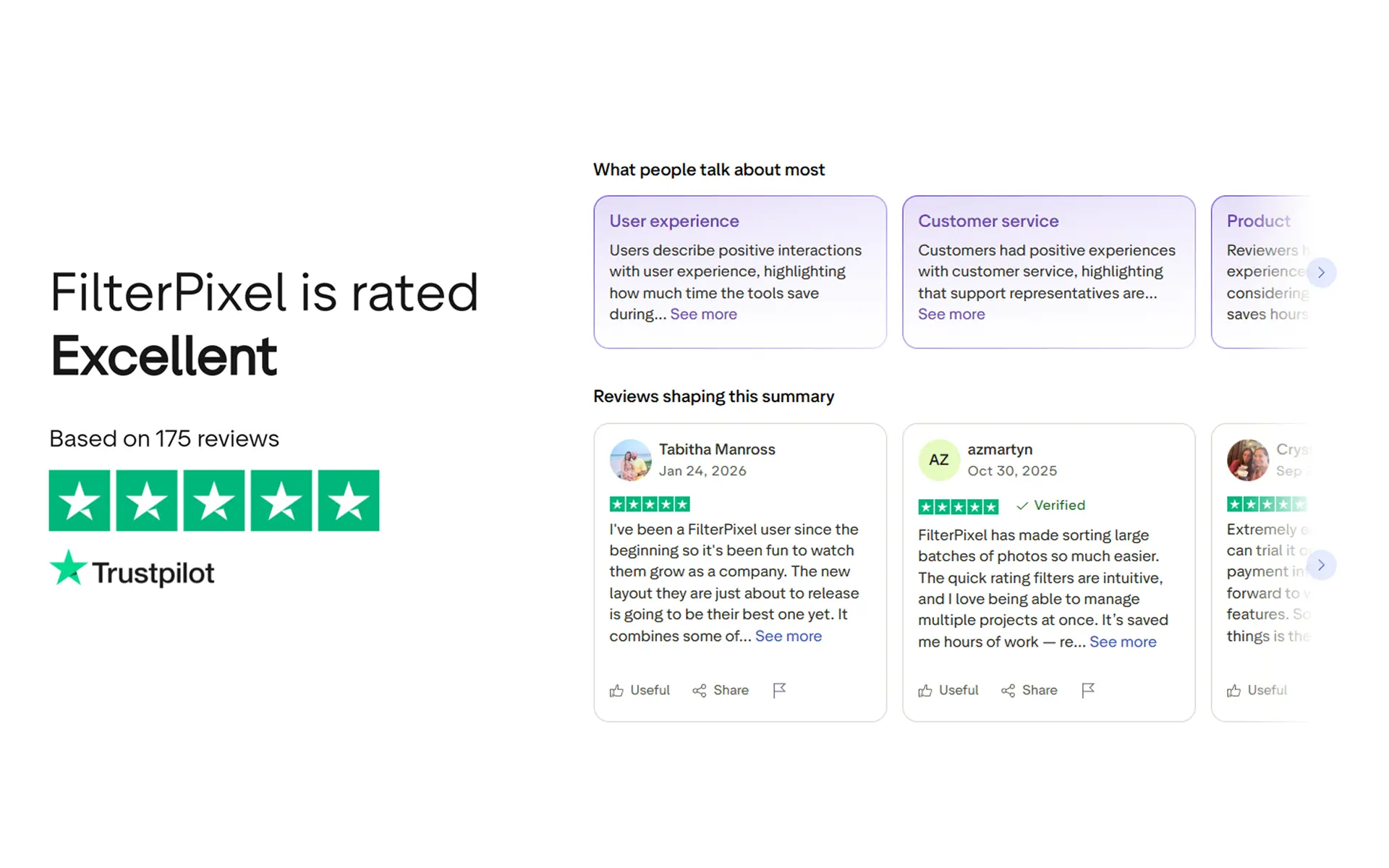 FilterPixel rated Excellent on Trustpilot based on 175 reviews, with review highlights and verified customer reviews