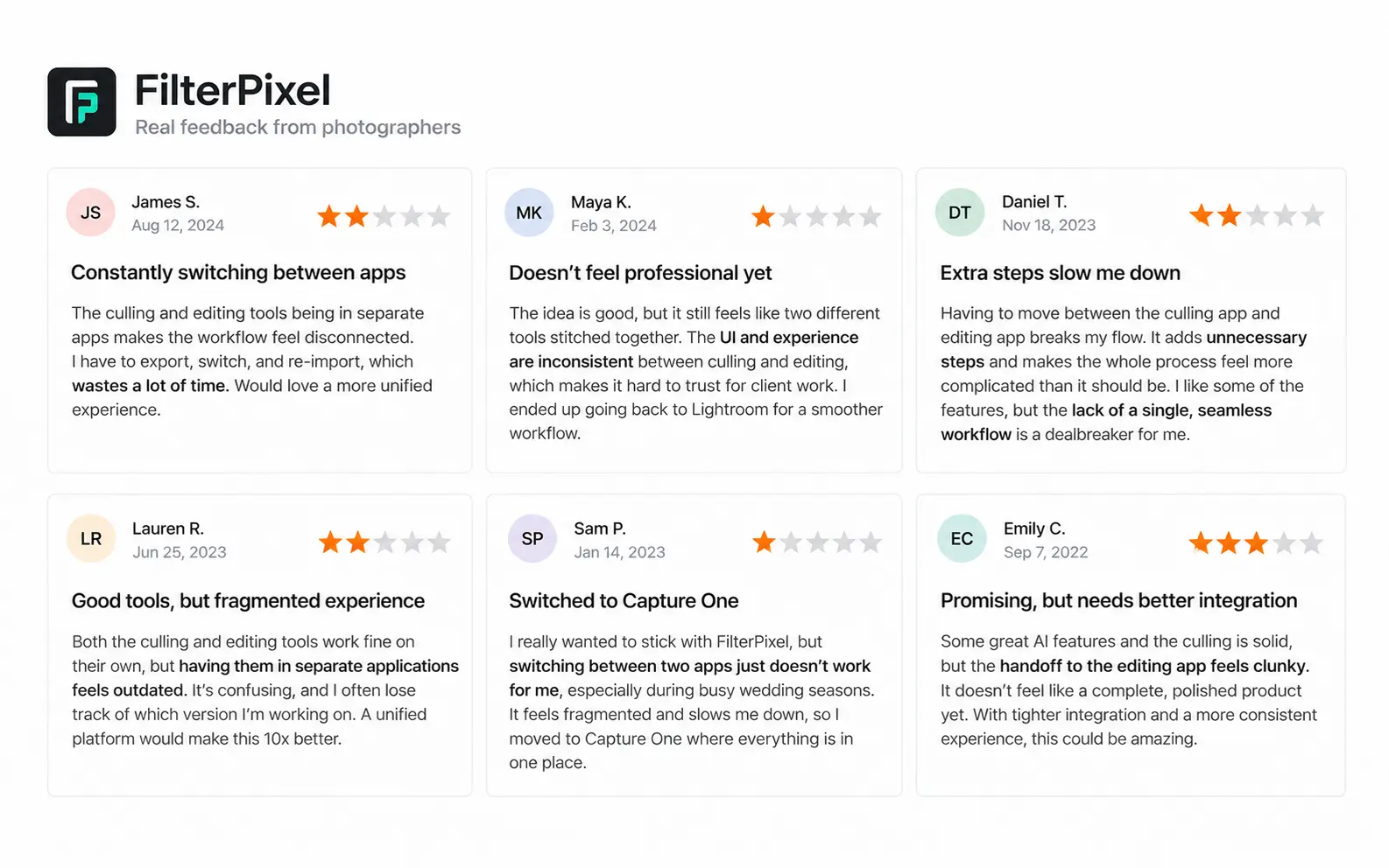 FilterPixel early feedback from photographers: six review cards about the fragmented culling and editing workflow