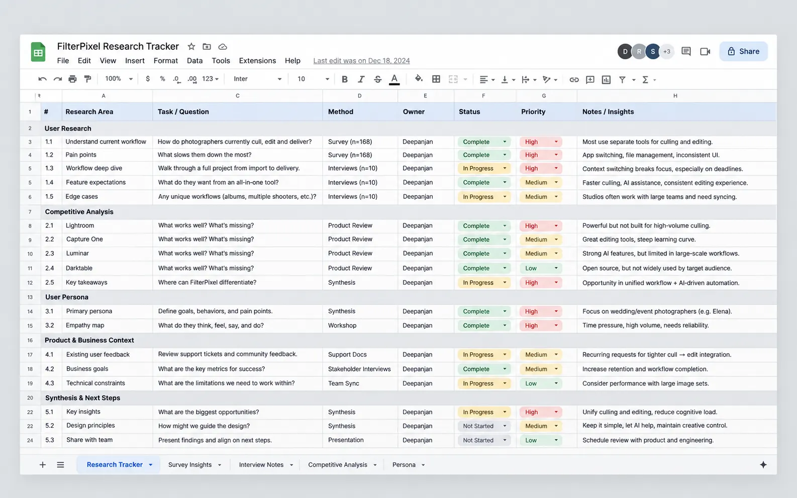 FilterPixel research tracker spreadsheet with research areas, methods, status, and insights