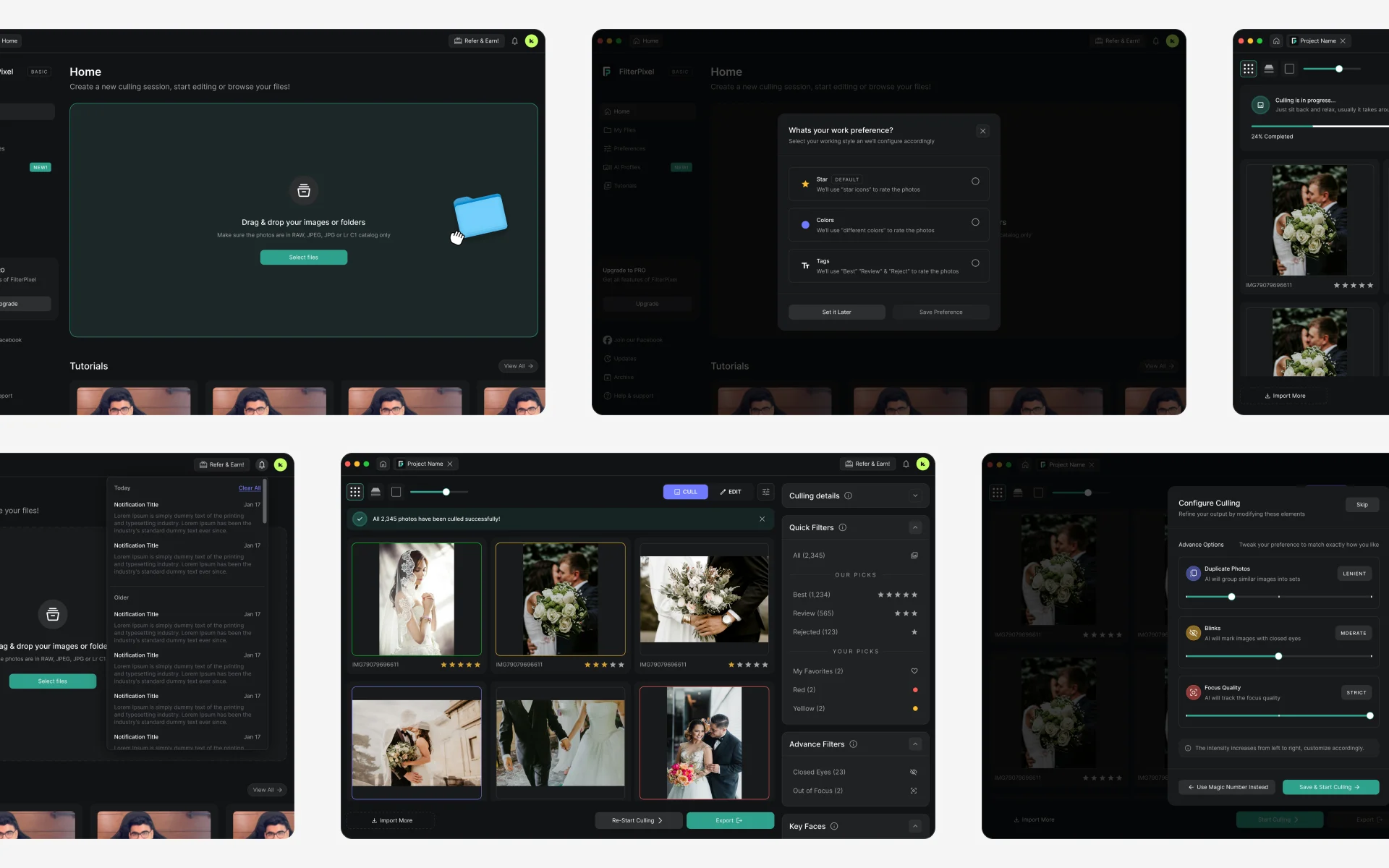 FilterPixel low-fidelity wireframes covering the home screen, onboarding, culling grid, and culling details