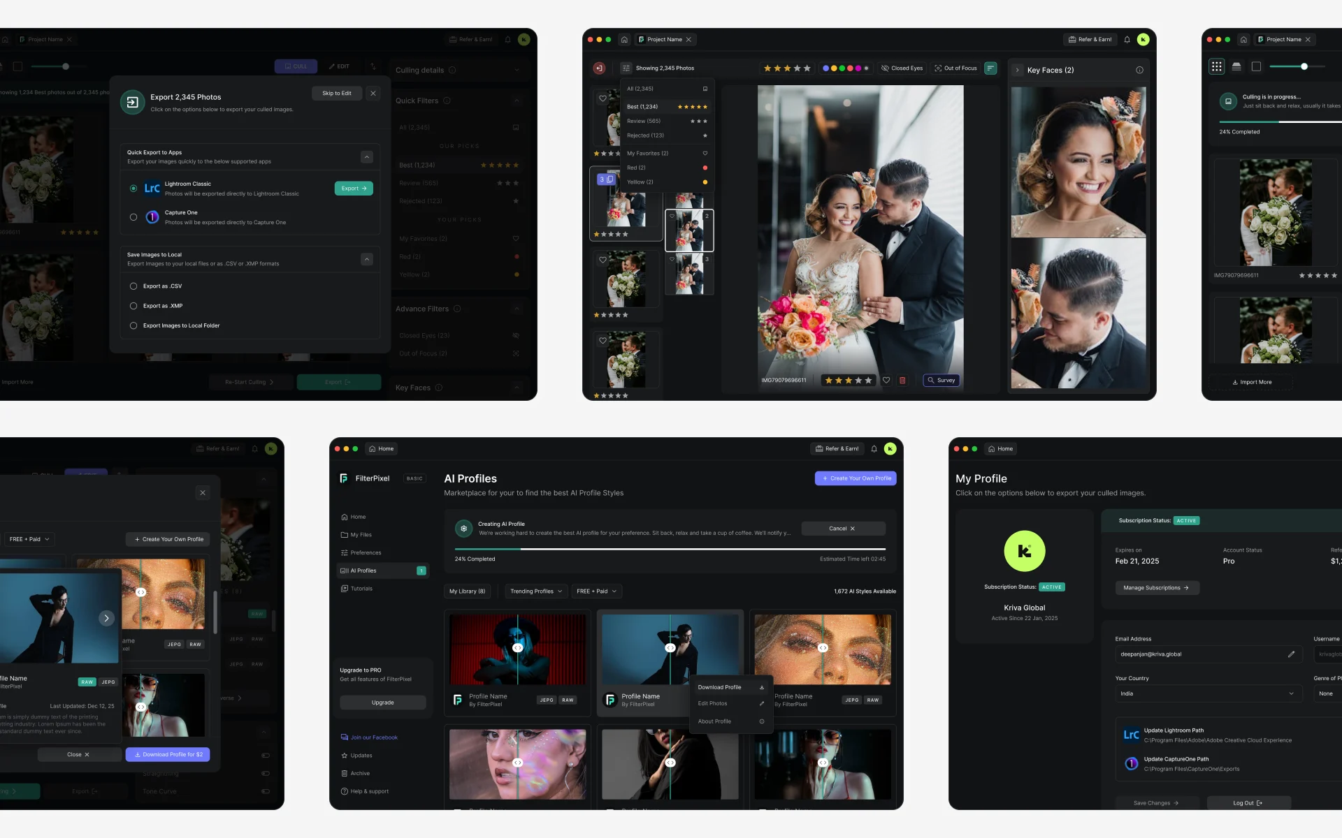 FilterPixel high-fidelity screens for export, culling, key faces, and AI profiles
