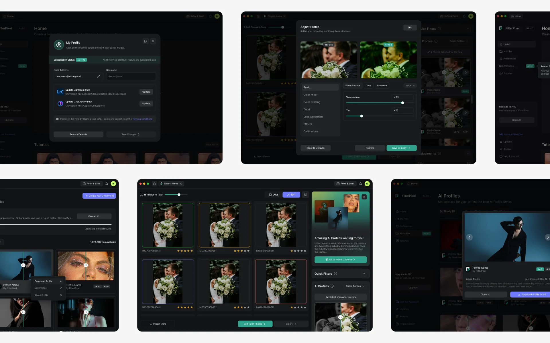 FilterPixel final product screens for profile, adjustments, editing, and the AI profiles marketplace