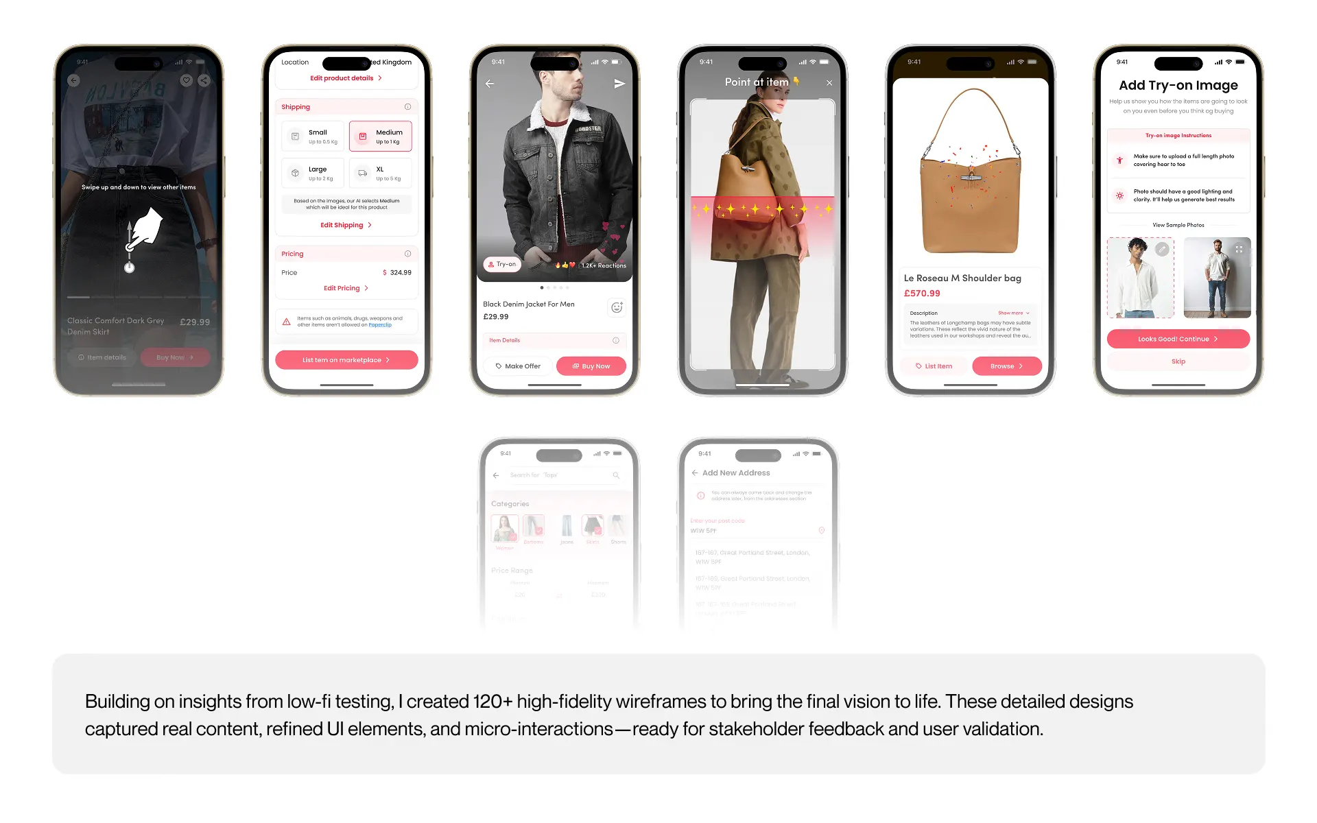 Paperclip high-fidelity screens covering shipping, pricing, AI try-on, product pages, and address entry