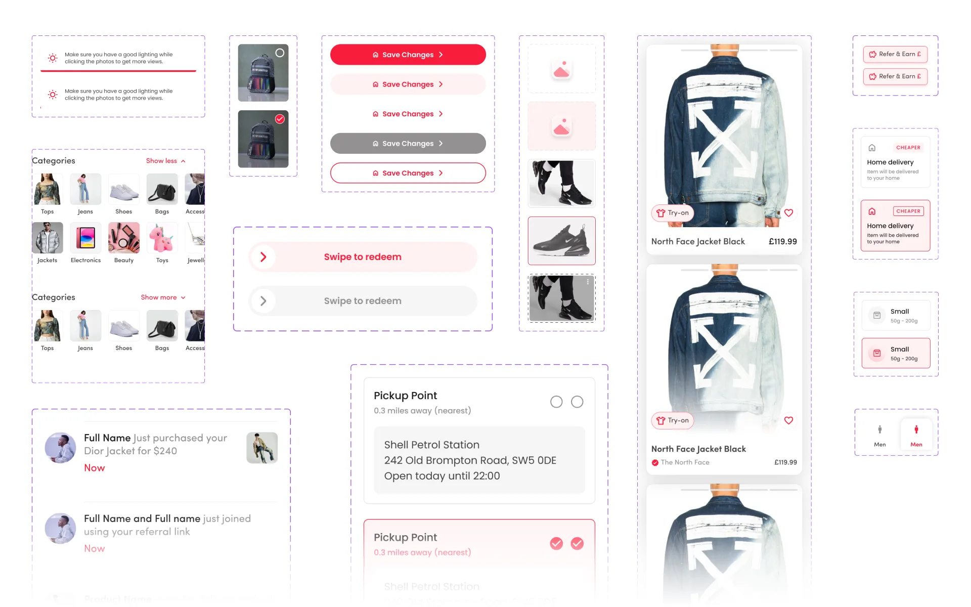 Paperclip design system components: button states, product cards, category pickers, pickup points, and referral cards