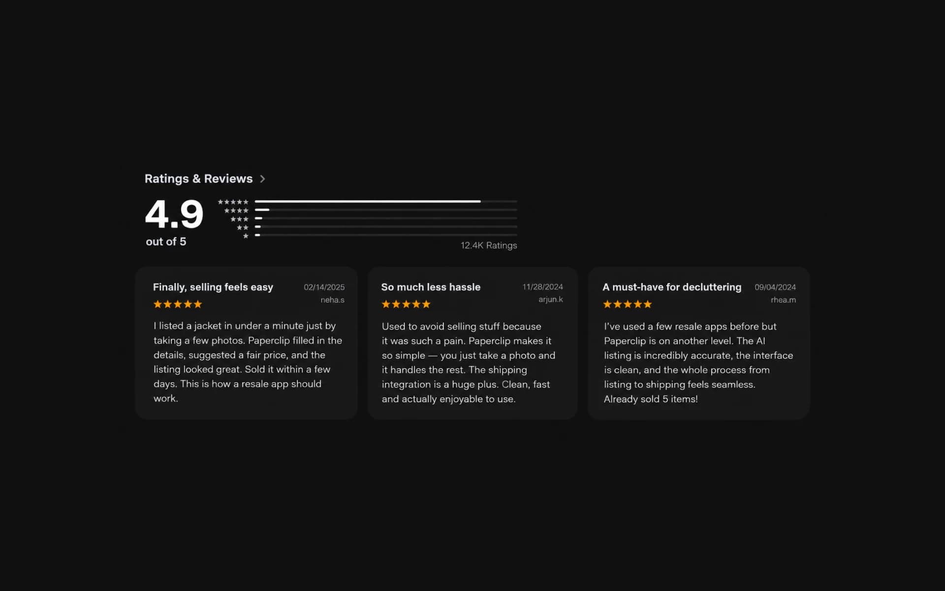 Paperclip App Store ratings and reviews: 4.9 out of 5 from 12.4K ratings, with three customer reviews