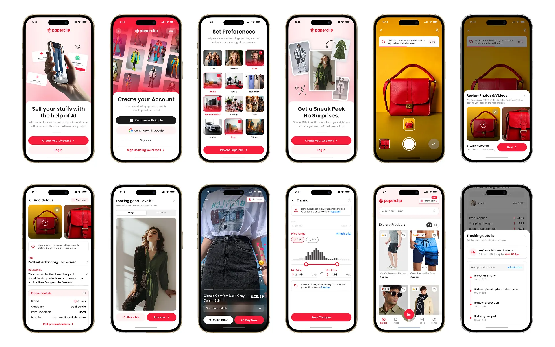 Paperclip high-fidelity screens covering onboarding, photo capture, listing details, pricing, and tracking