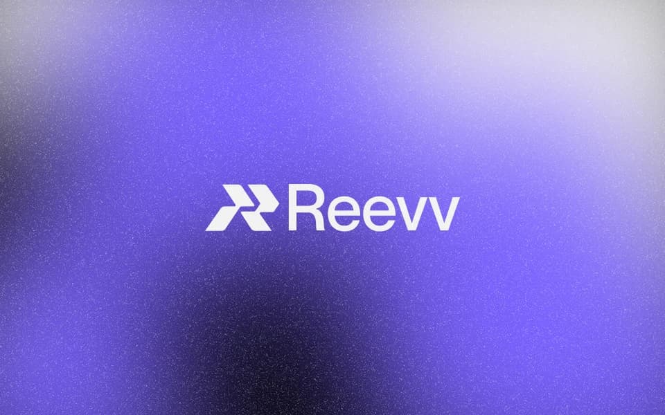 Reevv wordmark and logo mark on a purple gradient background