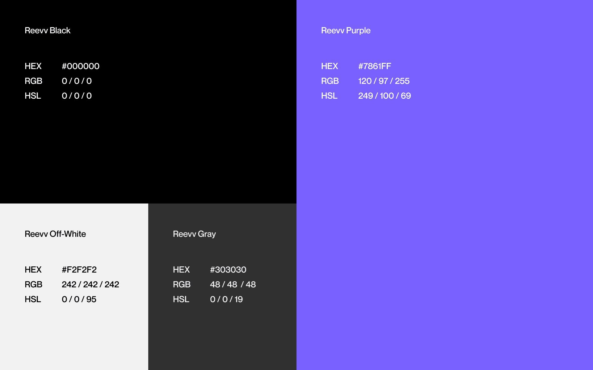 Reevv colour palette: Reevv Black, Reevv Purple #7861FF, Reevv Off-White, and Reevv Gray with HEX, RGB, and HSL values
