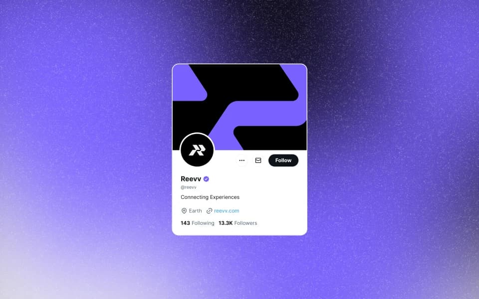 Reevv social profile mockup on X showing the brand mark, 'Connecting Experiences', and follower count