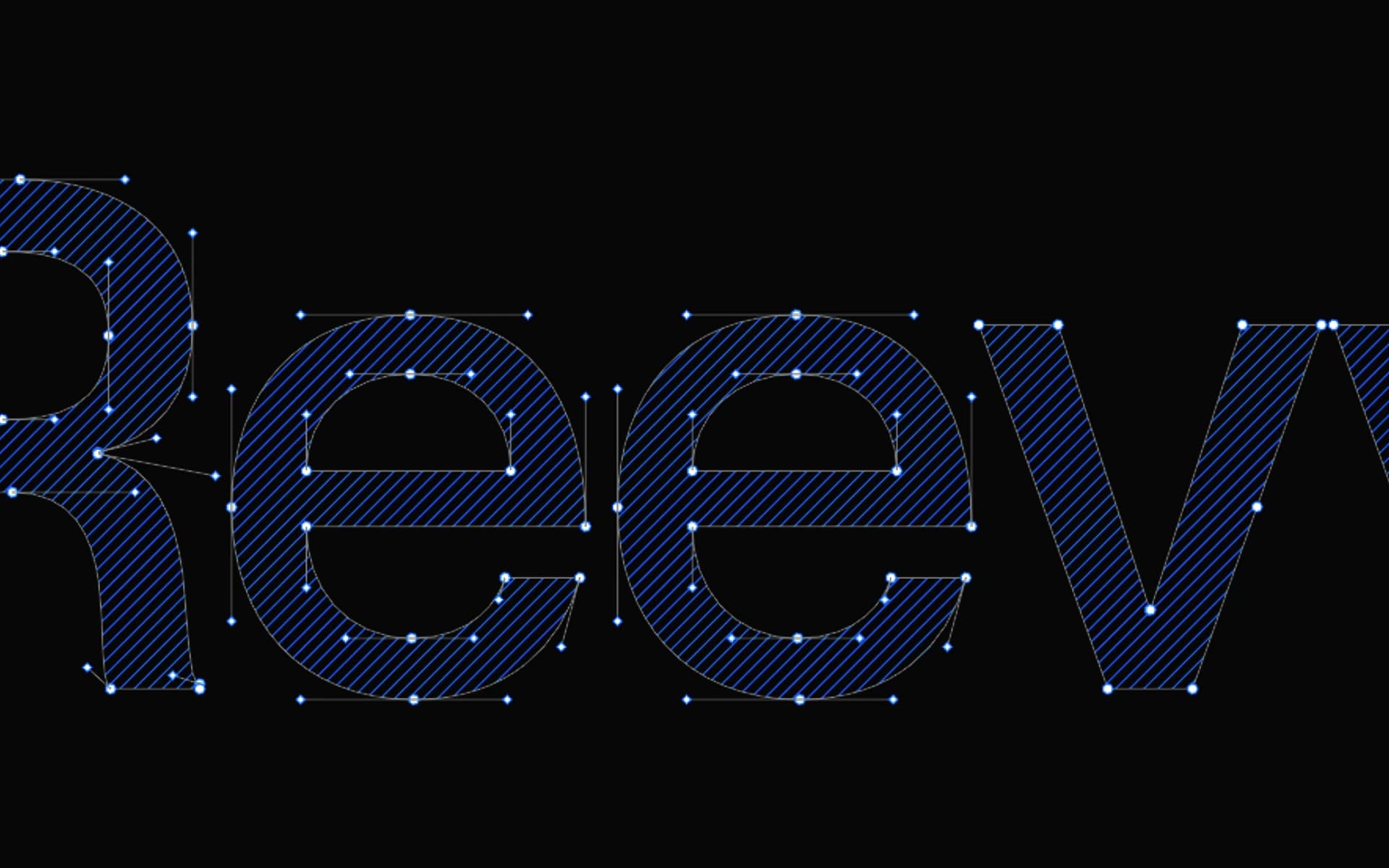 Reevv wordmark construction: hatched letterforms with alignment points on black