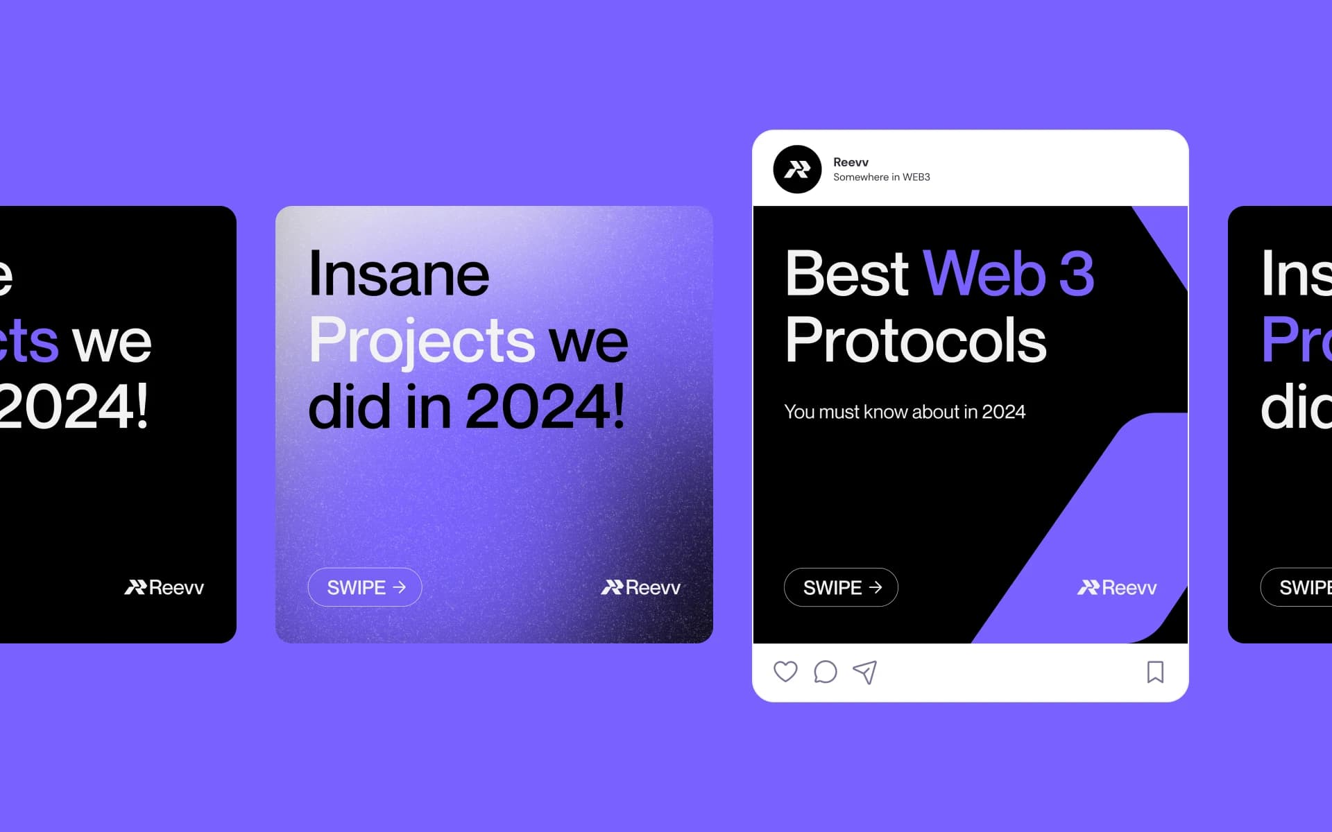 Reevv social media post designs for 2024 and Web 3 protocols on a purple background