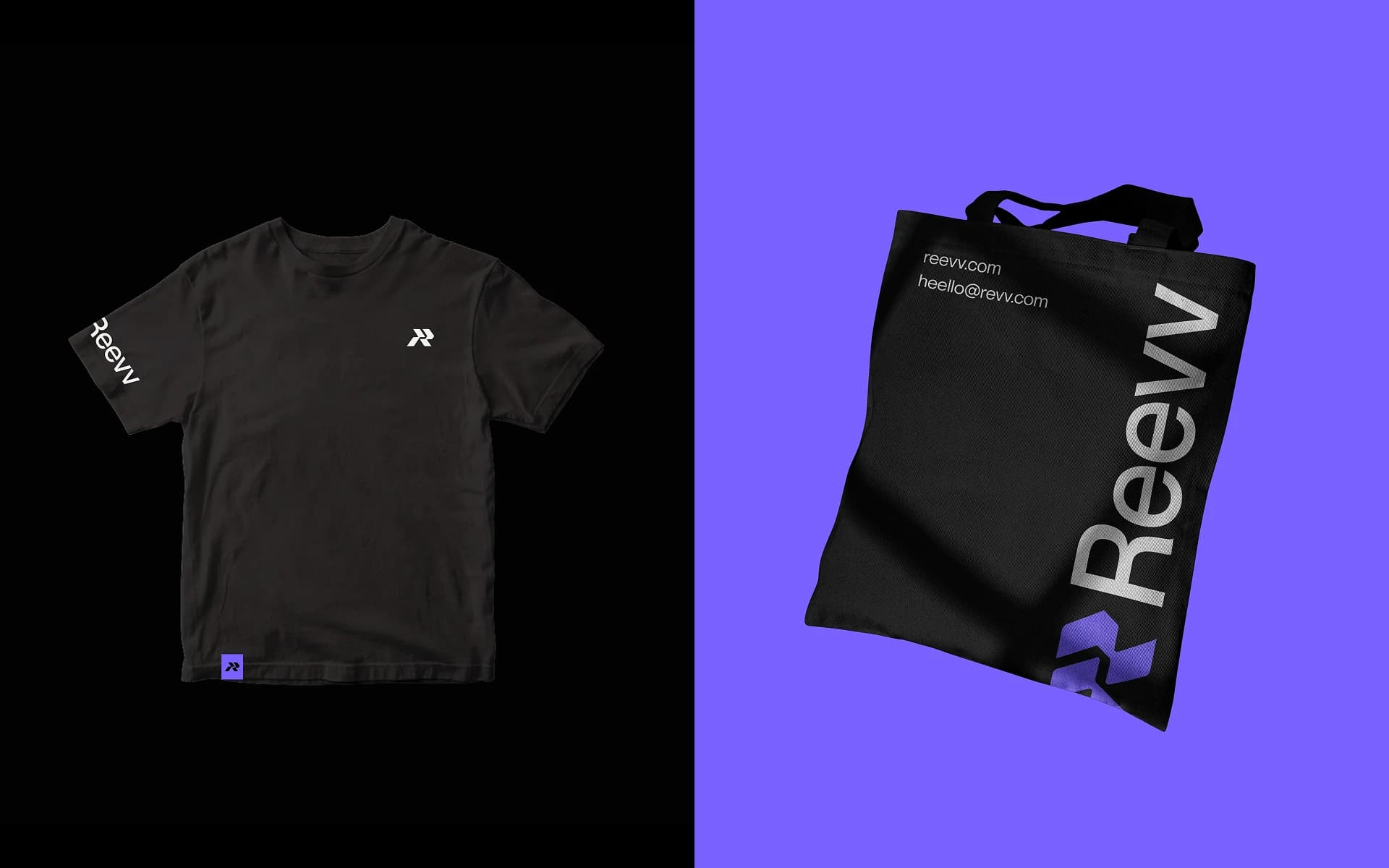 Reevv merchandise mockups: black t-shirt and tote bag with the Reevv wordmark