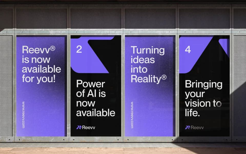 Reevv out-of-home poster series: purple and black panels with the Reevv wordmark and campaign lines