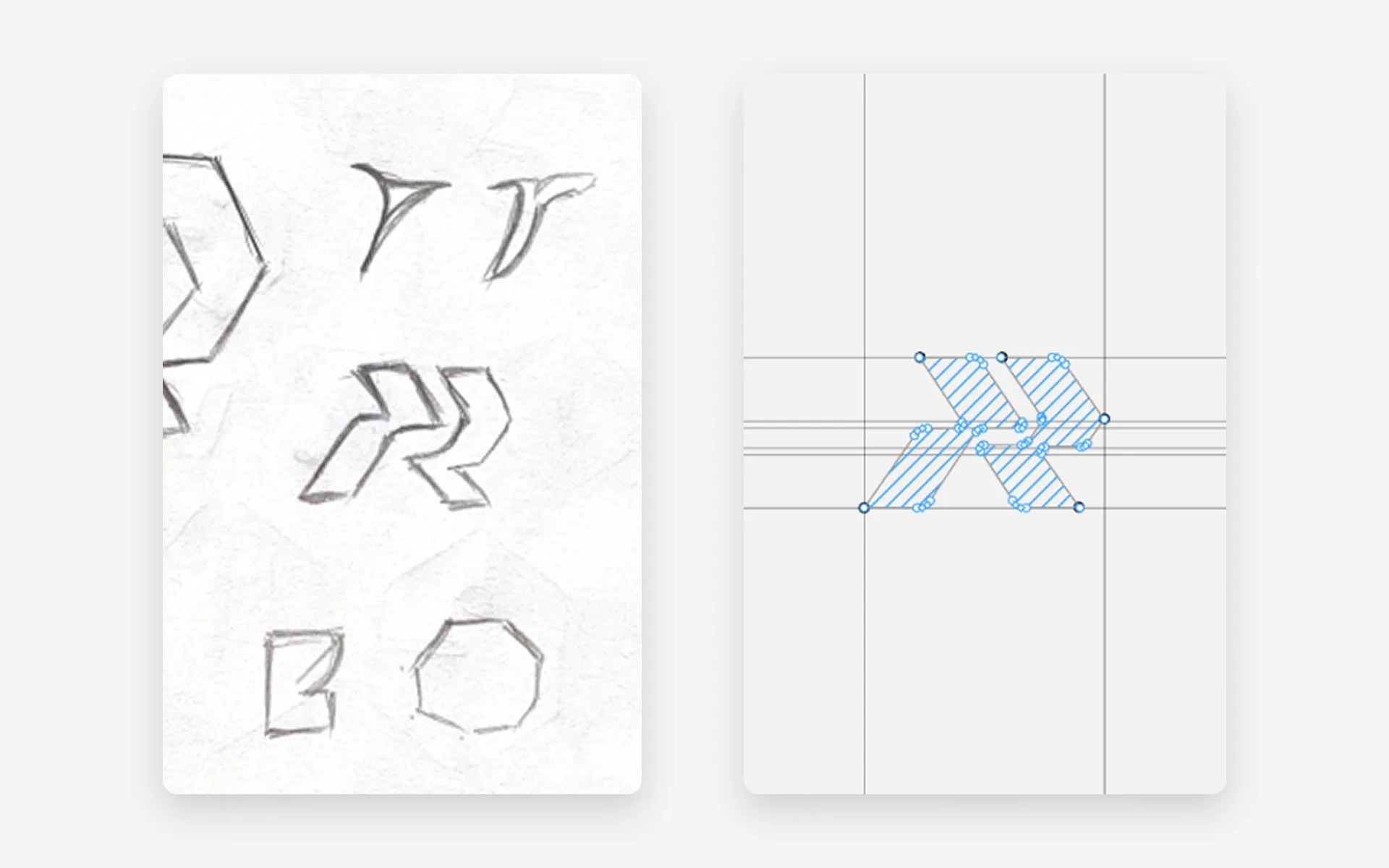 Reevv logo sketches: pencil mark explorations beside the geometric construction grid of the final R mark