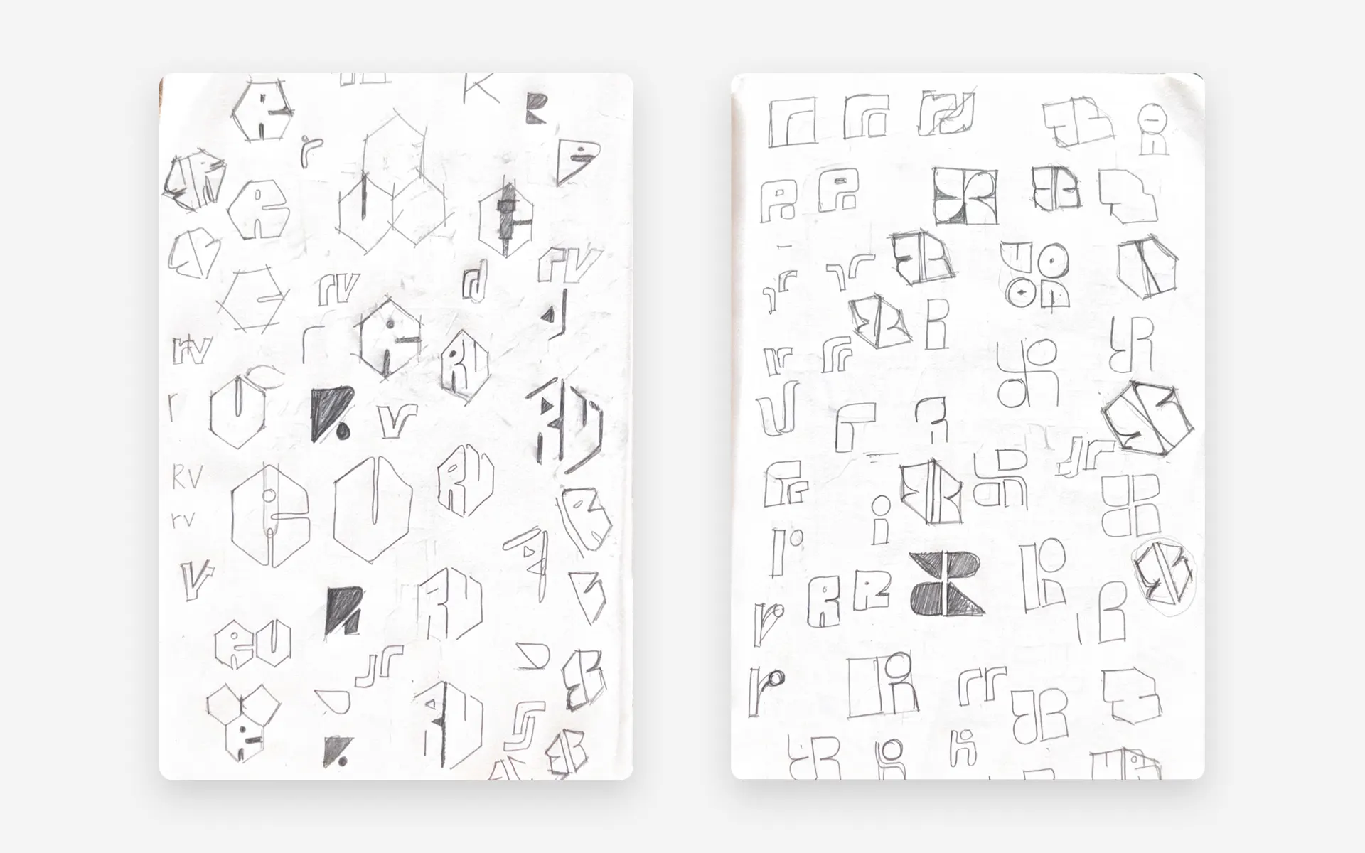 Notebook pages of early Reevv logo and letterform explorations